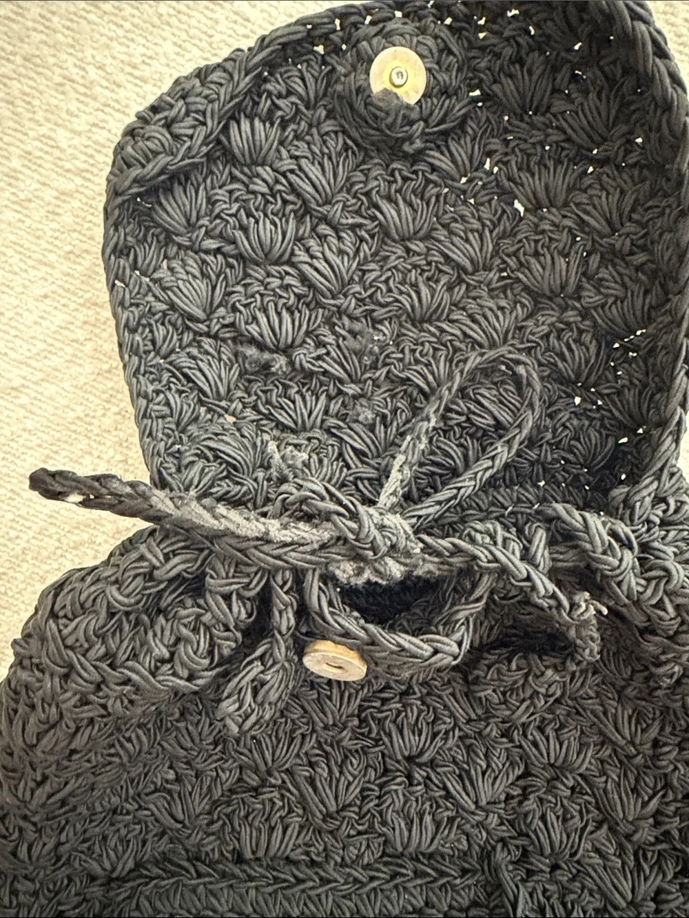 Vintage Black Floral Crocheted Drawstring Backpack Pockets Shoulder Straps Y2K